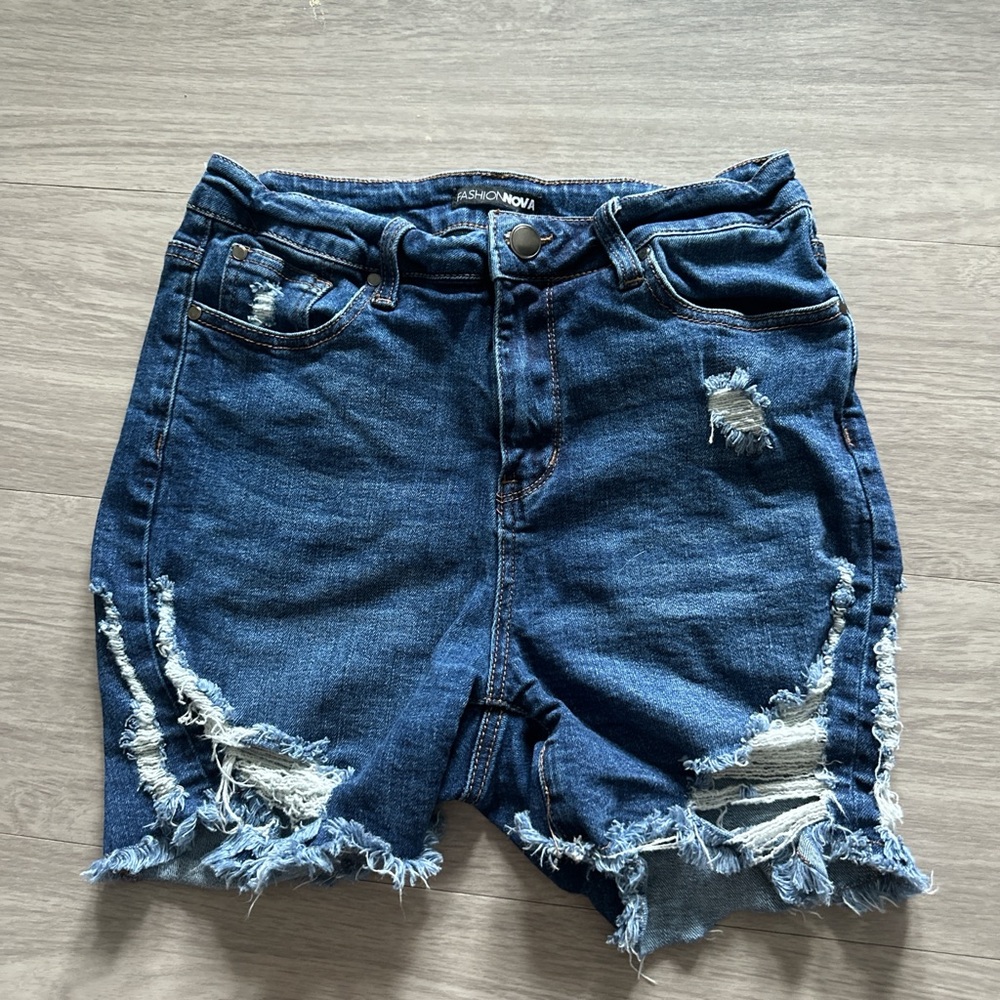 Fashion Nova Dark Blue Distressed Jean Shorts